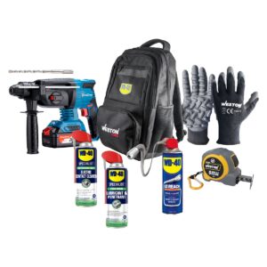 ROTOMART. SDS+ 20V 1000RPM + BROCA SDS 1/2X6" 5PZ + GUANTE ANTIVIB + FLEXO 5M + WD40 14.4OZ + MALETA