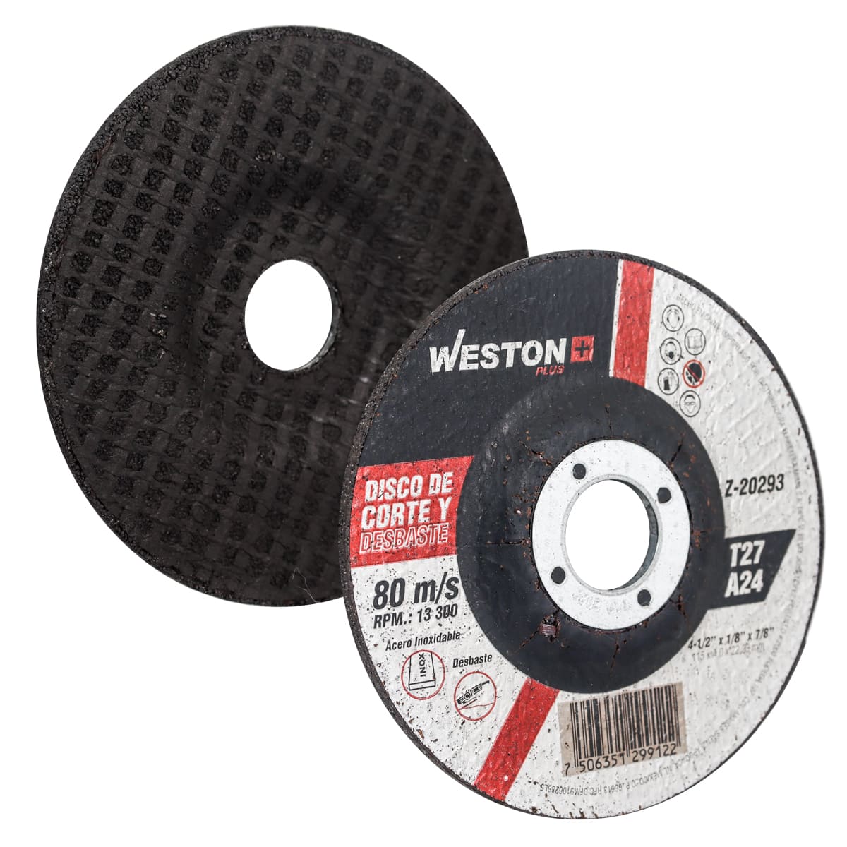 DISCO D/CORTE Y DESBASTE P/INOX. 4-1/2" x 5/32"(4) x 7/8" F42/F27 (Emp. c/10 Pzas - Precio x Pza)