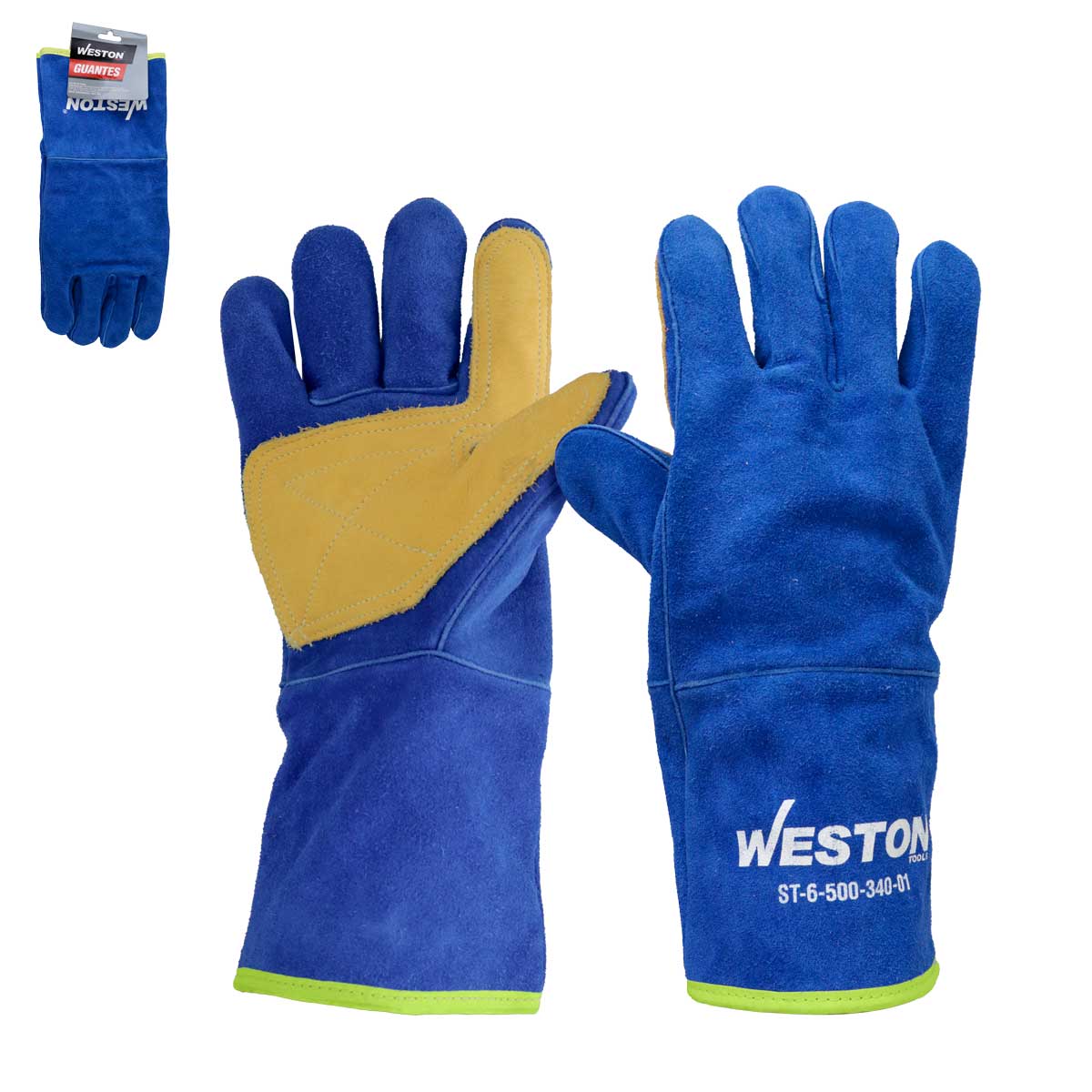 GUANTE SOLDADOR DE CARNAZA AZUL C/REFUERZO DE PIEL EN PALMA Y PULGAR USO INDUSTRIAL 13"